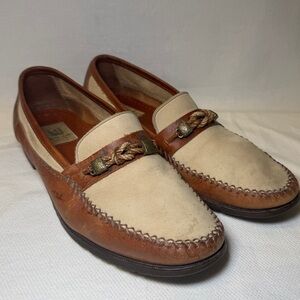 Bruno Magli Vintage Italian Leather Loafer Tassel White Brown Moc Top Stitching